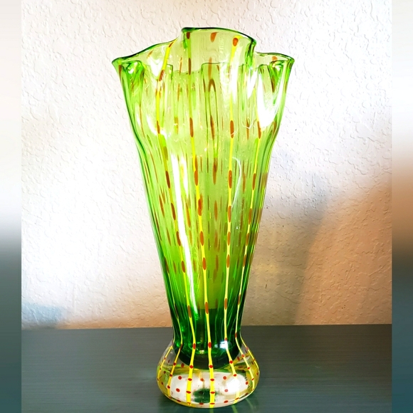 Handblown Art Glass Vintage Retro Green w/Yellow Stripes & Red Dots Groovy Vase - Picture 4 of 9
